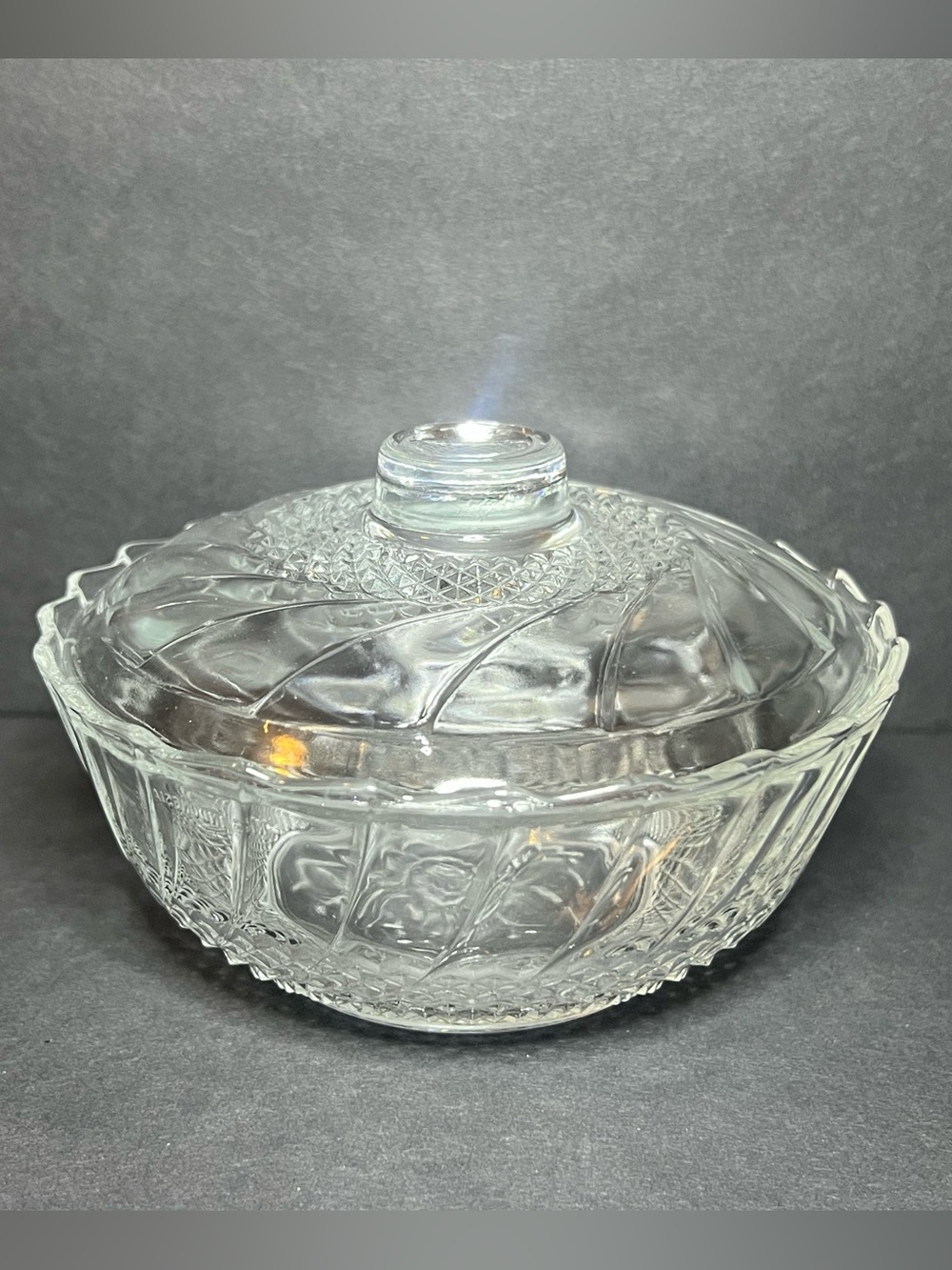 VTG 1970s KIG Indonesia Glass Sunflower Diamond Swirl Dish Bowl w/ Lid 3 x 5"